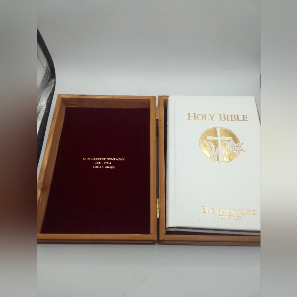 White and Gold Holy Bible in Wooden Box